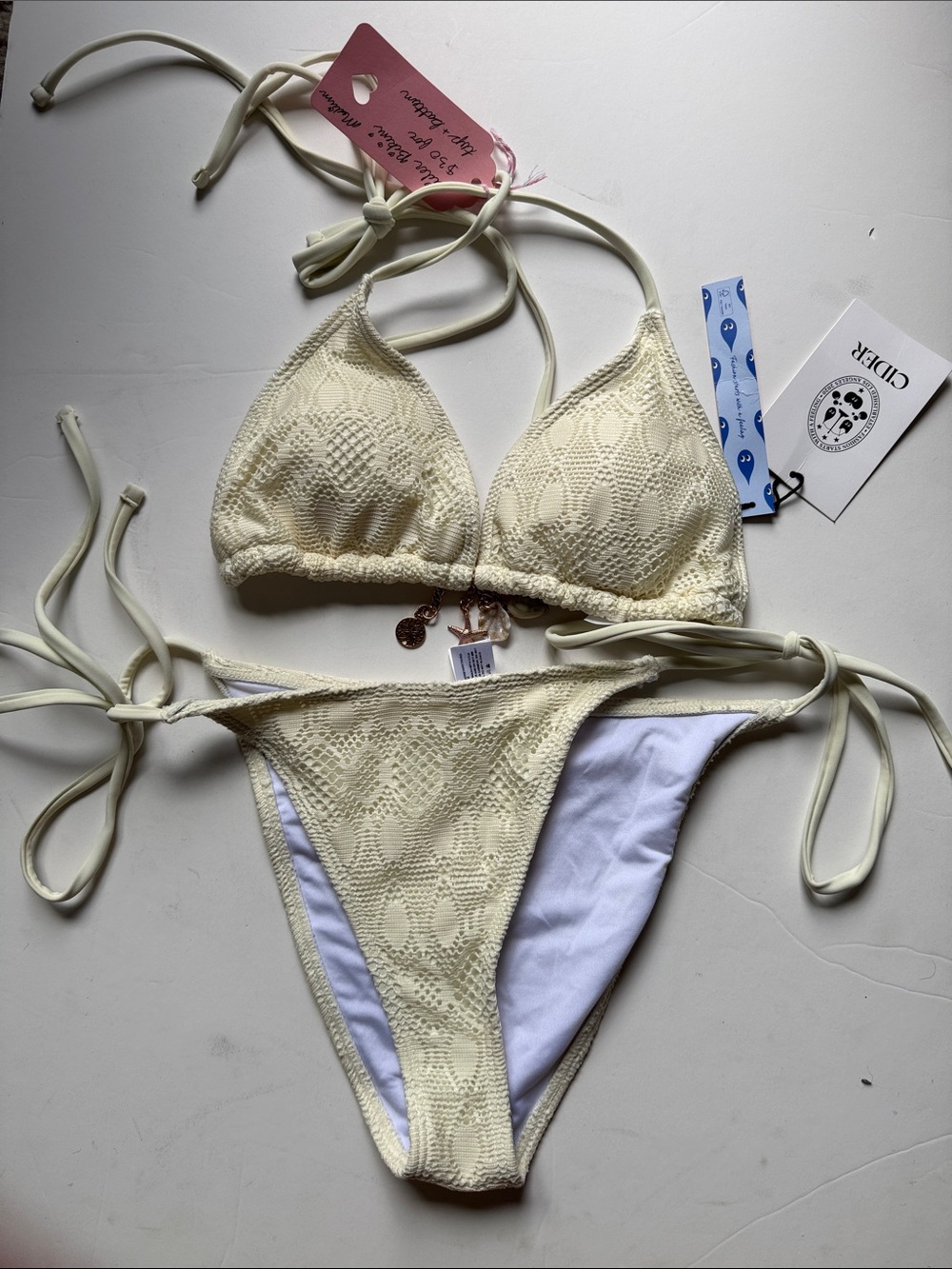 Cider Cream Crochet Triangle Tie Bikini Set